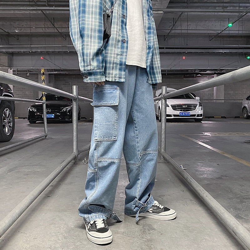 Men Jeans Wide Leg Denim Cargo jean pants Loose Straight Baggy Men&#39;s Jeans hip hop Streetwear Skateboard  Neutral denim Trousers