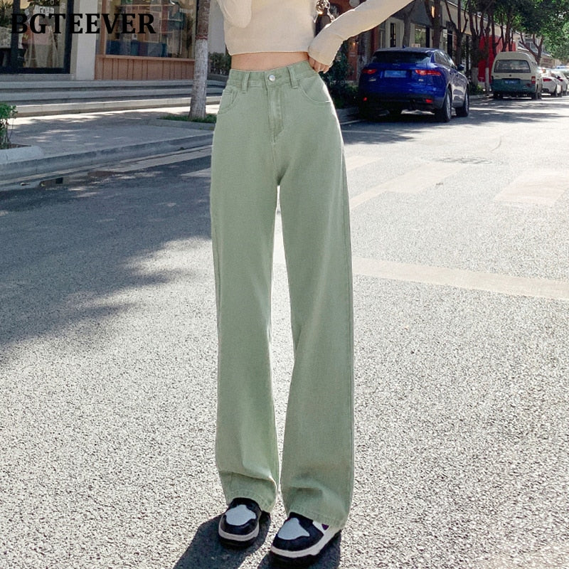 BGTEEVER Casual Spring Women Long Jeans Trousers High Waist Pockets Loose Female Wide Leg Denim Pants Ladies Floor-Length Pants