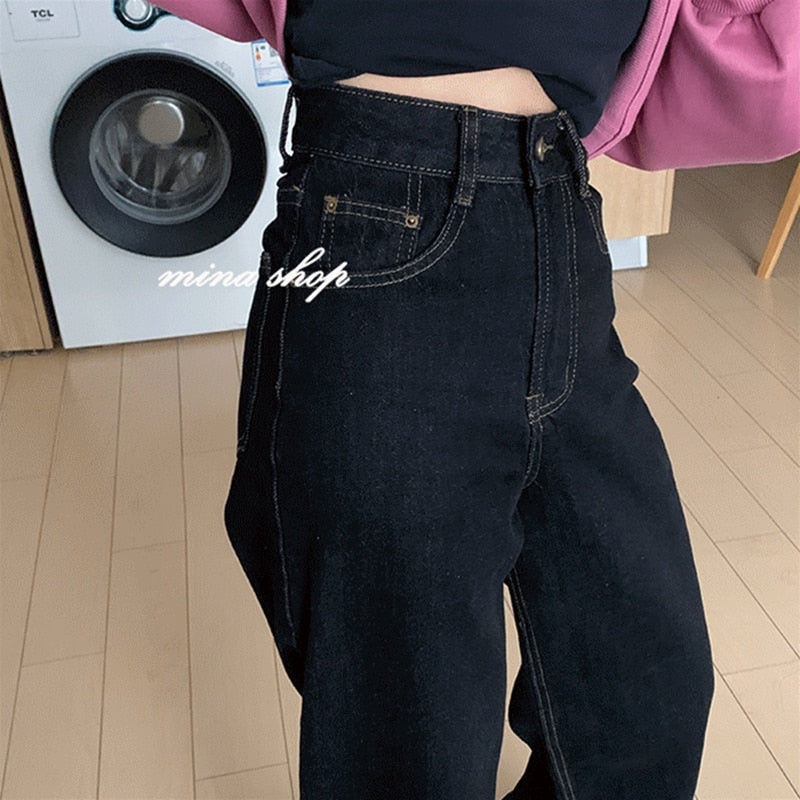 Vintage High Waist Women Black Jeans Korean Fashion Streetwear Wide Leg Jean Female Denim Trouser Straight Baggy Mom Denim Pants