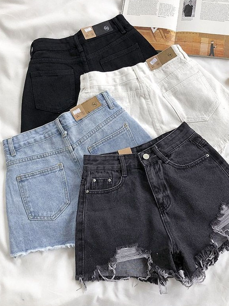 Casual High Waist Denim Shorts Women Summer  Pocket Tassel Hole Ripped jeans Short Female Femme Short Pants Women