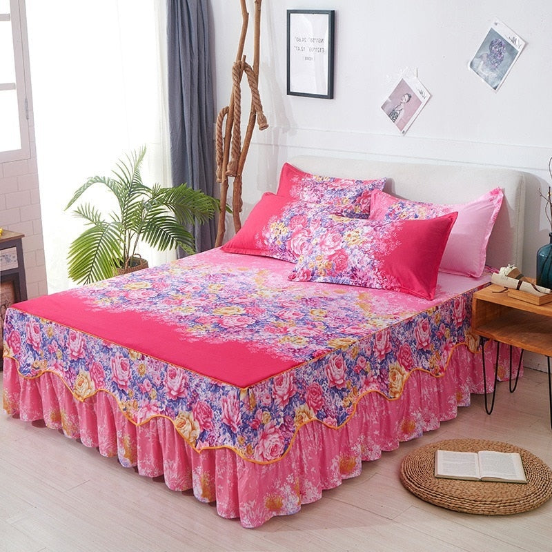 3Pcs Bed Sheet Cotton Lace Skirt Elastic Fitted Double Bedspread Mattress Cover Home Pillowcase Bedding Set Bedsheet 2 Seater