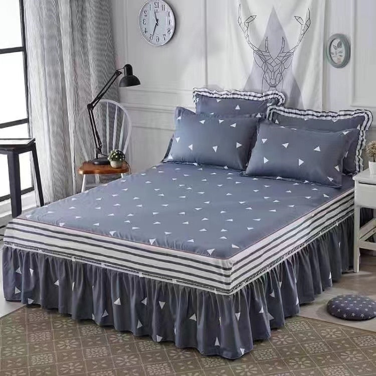 3Pcs Bed Sheet Cotton Lace Skirt Elastic Fitted Double Bedspread Mattress Cover Home Pillowcase Bedding Set Bedsheet 2 Seater