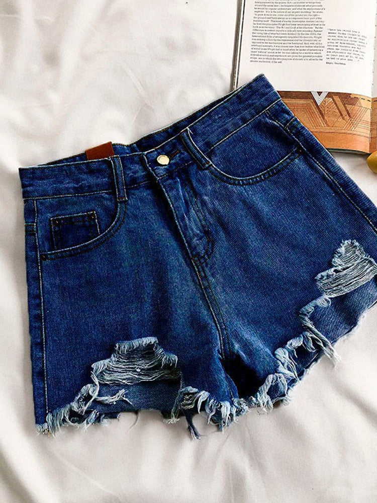 Casual High Waist Denim Shorts Women Summer  Pocket Tassel Hole Ripped jeans Short Female Femme Short Pants Women