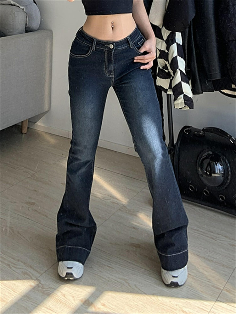 Low Waisted Y2K Flare Jeans Aesthetic Retro 2000s Cute Denim Sweatpants Streetwear Fashion Harajuku Casual Capris Cuteandpsycho