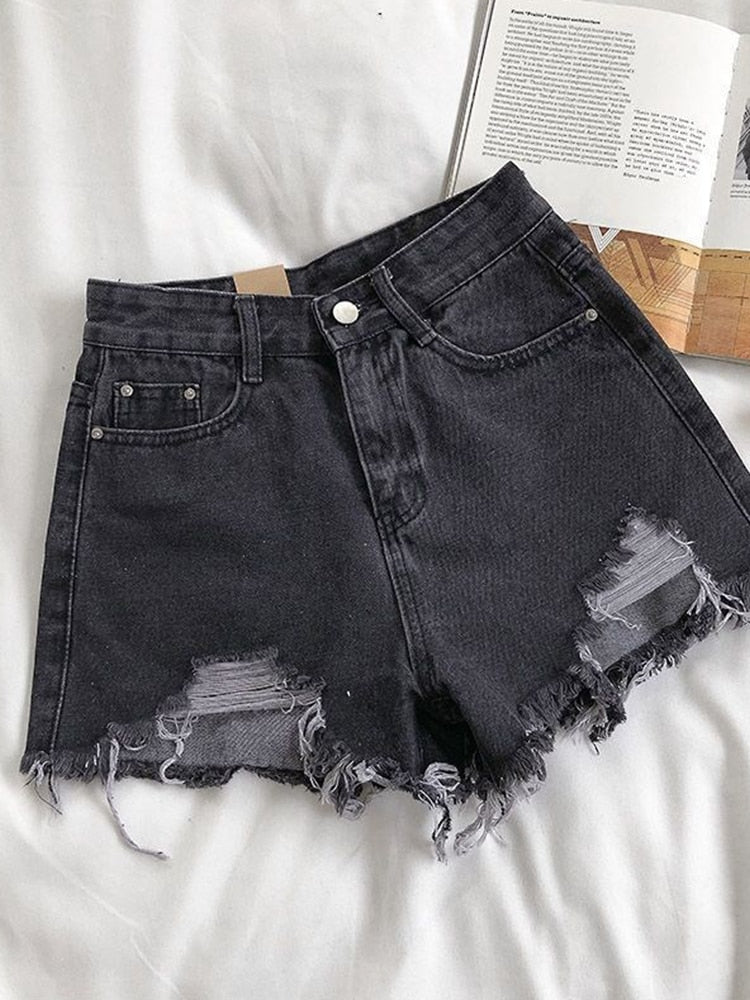 Casual High Waist Denim Shorts Women Summer  Pocket Tassel Hole Ripped jeans Short Female Femme Short Pants Women