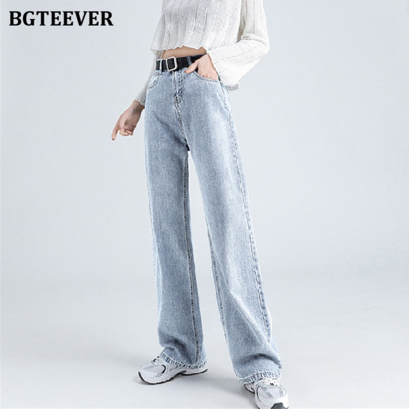 BGTEEVER Casual Spring Women Long Jeans Trousers High Waist Pockets Loose Female Wide Leg Denim Pants Ladies Floor-Length Pants