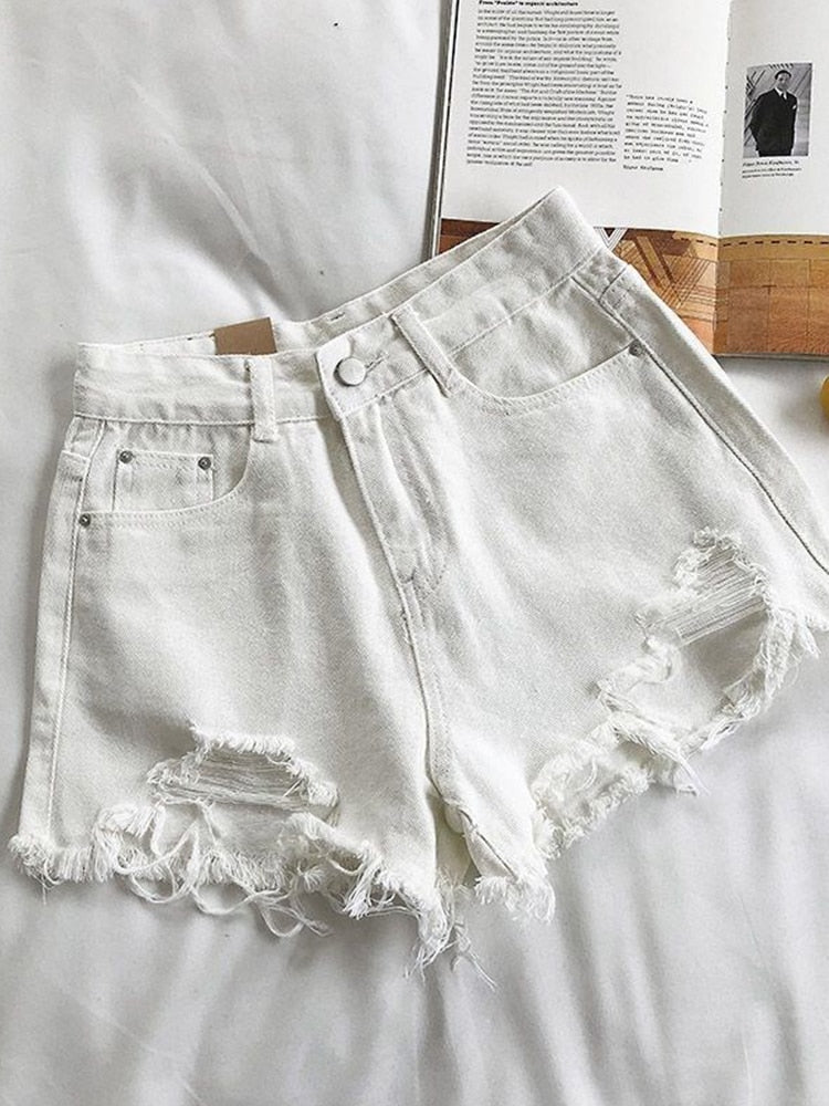 Casual High Waist Denim Shorts Women Summer  Pocket Tassel Hole Ripped jeans Short Female Femme Short Pants Women