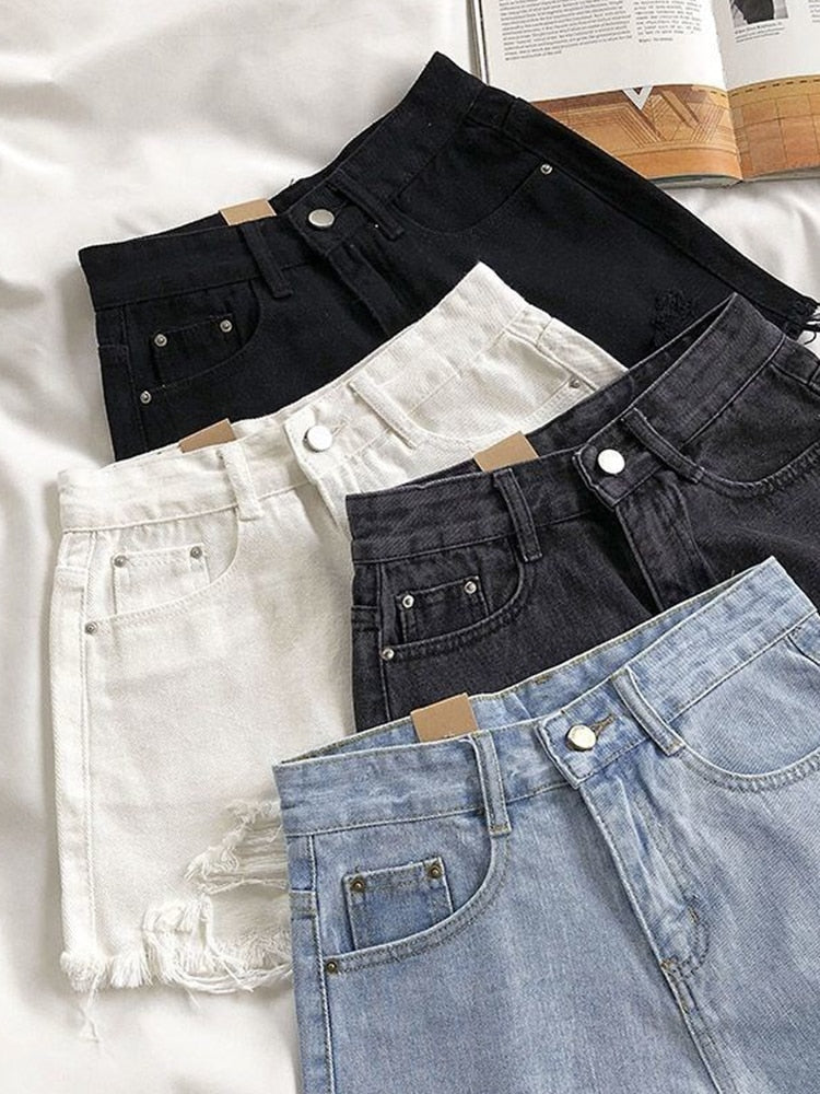 Casual High Waist Denim Shorts Women Summer  Pocket Tassel Hole Ripped jeans Short Female Femme Short Pants Women