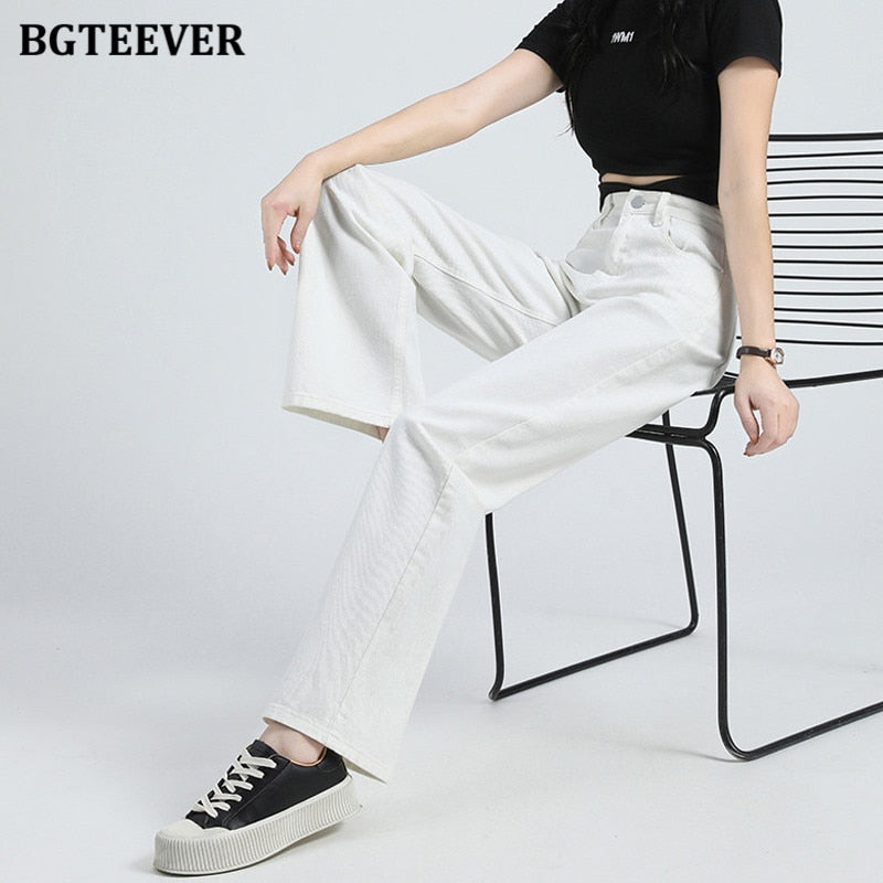 BGTEEVER Casual Spring Women Long Jeans Trousers High Waist Pockets Loose Female Wide Leg Denim Pants Ladies Floor-Length Pants